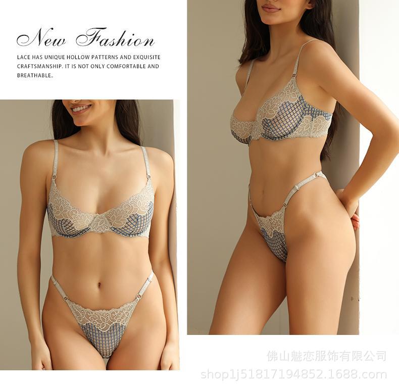 Cross-Border European and American Style French Lingerie Sexy See-Through Mesh Lace Plaid Large Bust Minimizer Push-Up Bra Set