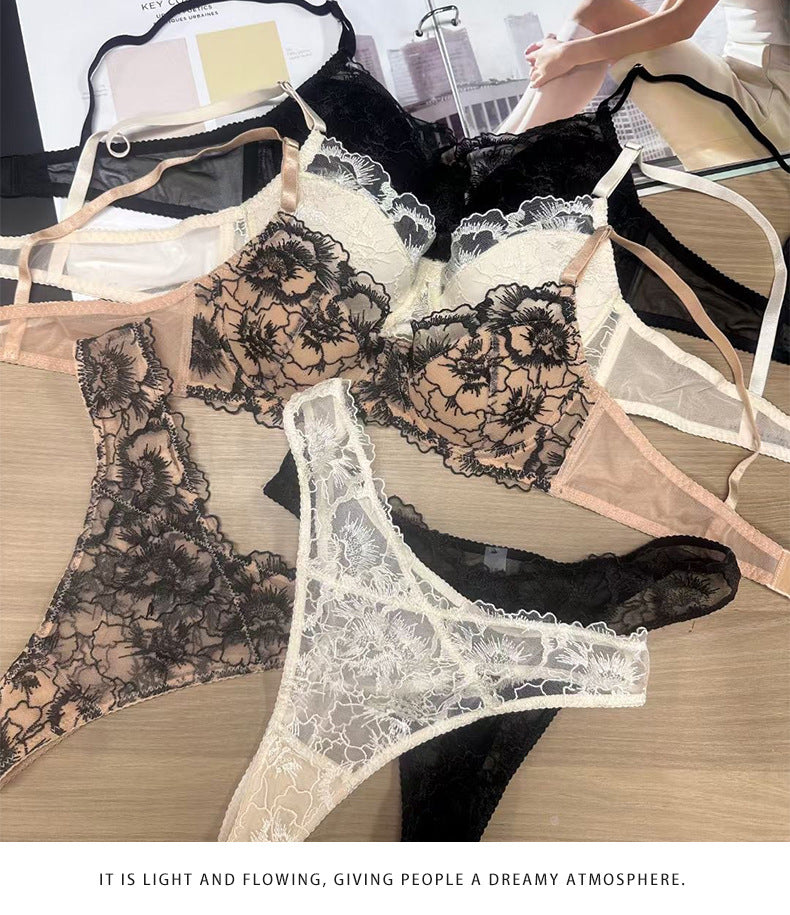 Cross-Border European and American Sexy Lingerie French Style Thin Jacquard Embroidery Lace Lingerie Large Bust Minimizer Anti-Sagging Bra