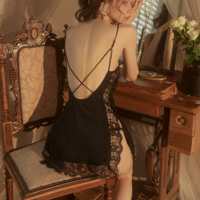 Yiyue Sexy Lingerie Sexy Strap Nightdress Hollow Deep v Hot Lace Temptation Nightdress Passion Uniform8487