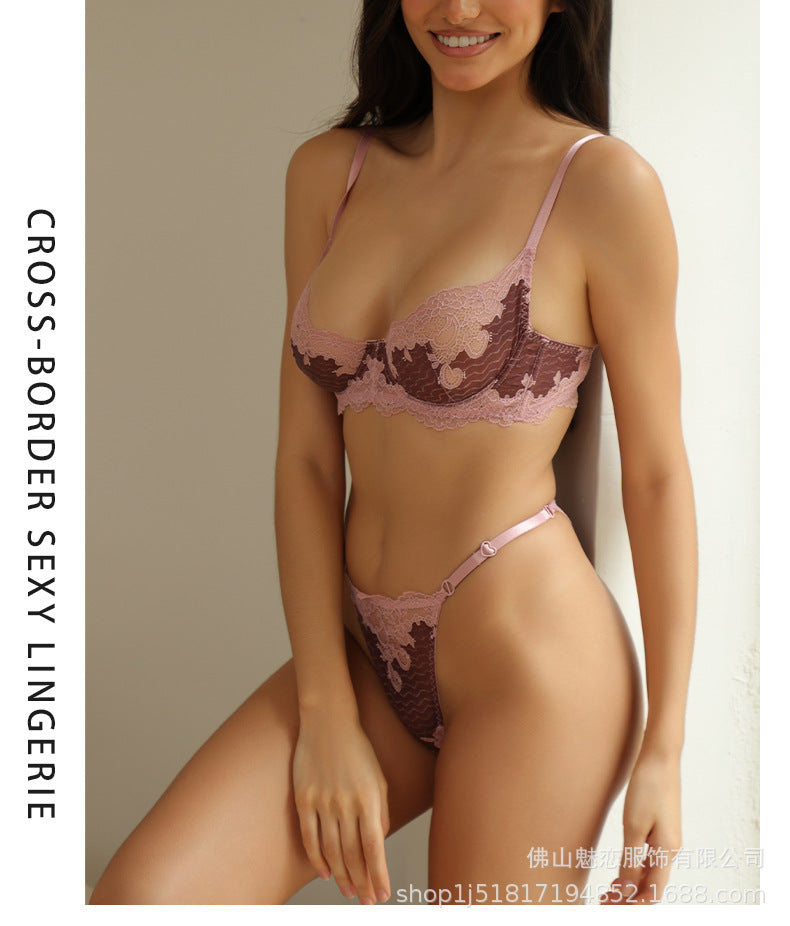 Cross-Border European and American Sexy Lingerie Set Ultra-Thin Lace French Bra Large Bust Minimizer Thong Two-Piece Set