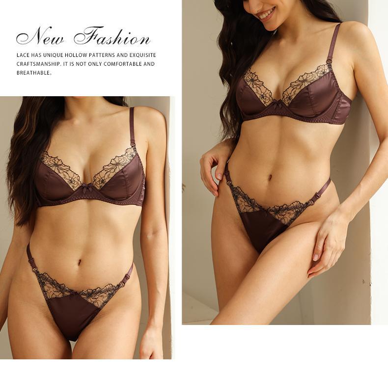 European and American Cross-Border Sexy Lingerie French Style Sexy Lace Bra Satin Color Large Bust Minimizer Push-Up Bra Set