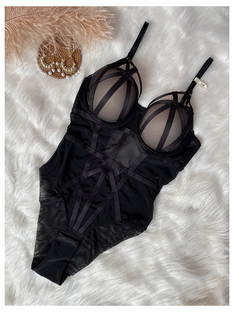 European and American New Sexy Temptation Lace Bra Tight-Fitting Push-Up Micro Shaping Bodysuit French Slimming One-Piece Lingerie