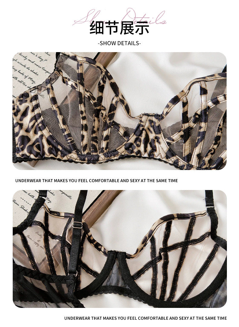 Cross-Border European and American Style French Lingerie Sexy Tie Leopard Print Temptation Mesh See-Through Big Chest Minimizer Erotic Three-Piece Set