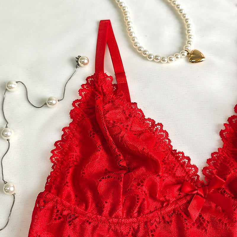 Amazon European and American Cross-Border Sexy Lingerie Lace See-Through Temptation Bra Short Skirt Thong Three-Piece Set