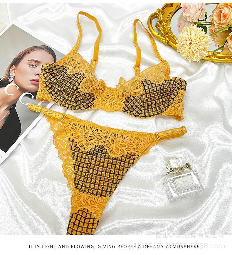 Cross-Border European and American Style French Lingerie Sexy See-Through Mesh Lace Plaid Large Bust Minimizer Push-Up Bra Set