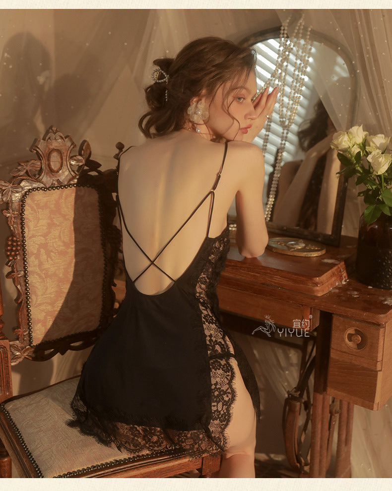 Yiyue Sexy Lingerie Sexy Strap Nightdress Hollow Deep v Hot Lace Temptation Nightdress Passion Uniform8487