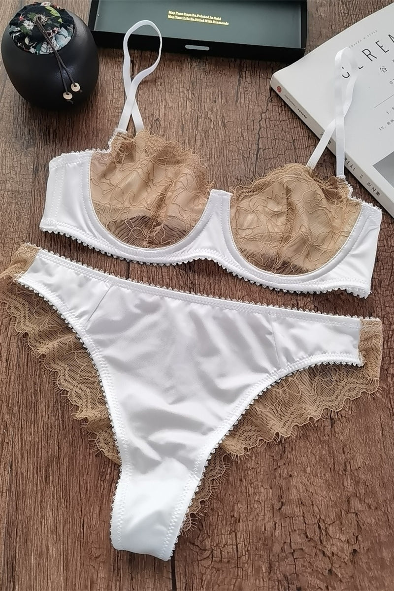 European and American Cross-Border Hot-Selling Sexy Lingerie for Women Ultra-Thin See-Through Large Bust Minimizing French Lace Erotic Bra Set