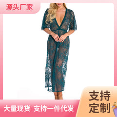 European and American Foreign Trade Women's Sexy Lingerie Long Lace Dress V Collared Three-quarter Sleeve Sexy Nightgown AliExpress Source Robe