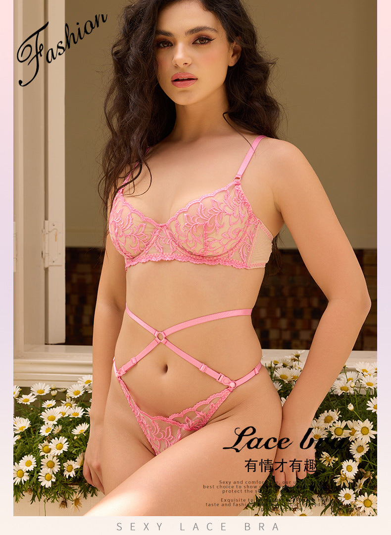 Cross-Border European and American Hot-Selling Sexy Lingerie for Women French Lace Sexy Mesh See-Through Thong Plus Size Bra Set