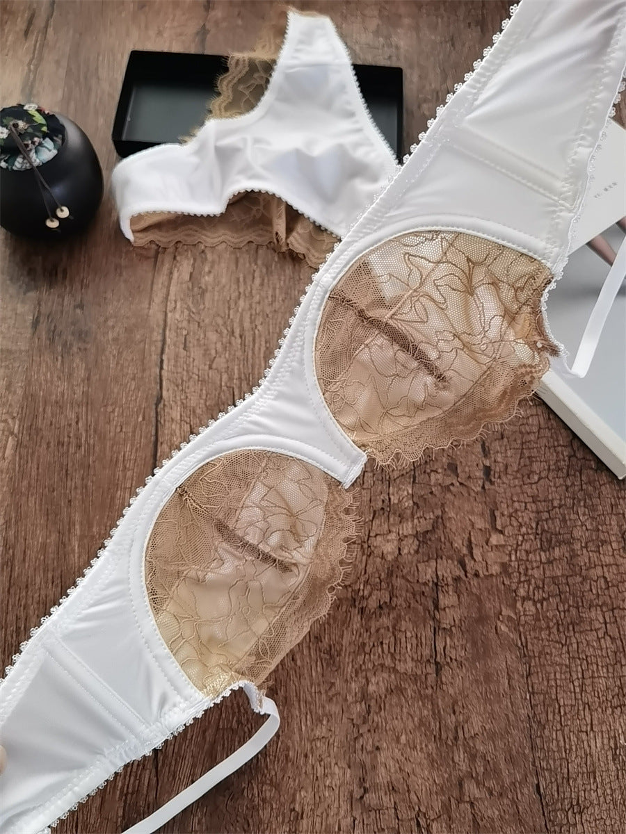 European and American Cross-Border Hot-Selling Sexy Lingerie for Women Ultra-Thin See-Through Large Bust Minimizing French Lace Erotic Bra Set