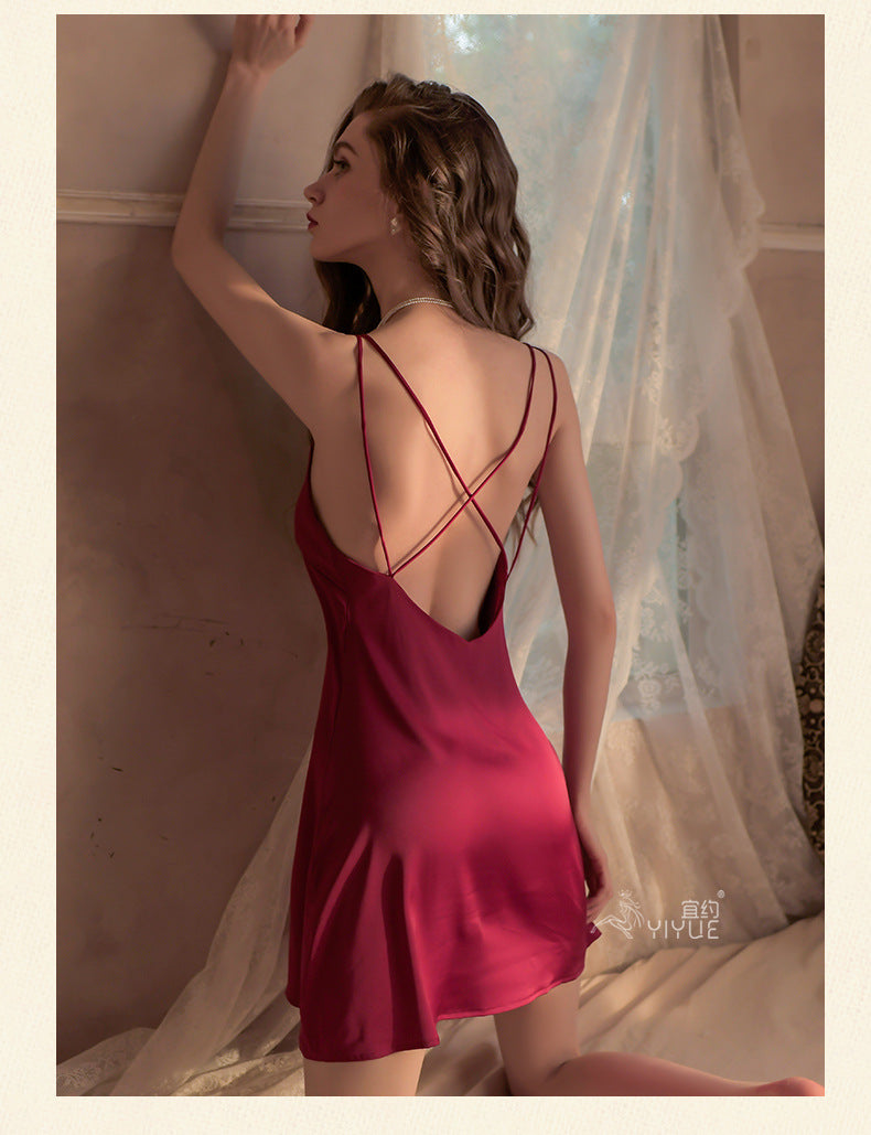 Yiyue Sexy Lingerie Sexy Ice Silk Strap Hollow Nightdress for Women Hot Passion Temptation Sleepwear Homewear8331