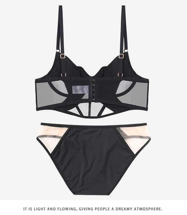 Cross-Border Sexy Lingerie for Women French Style Thin Cotton Smooth Mesh Fishbone Bra Set for Large Bust Minimizing Anti-Sagging Bra Set