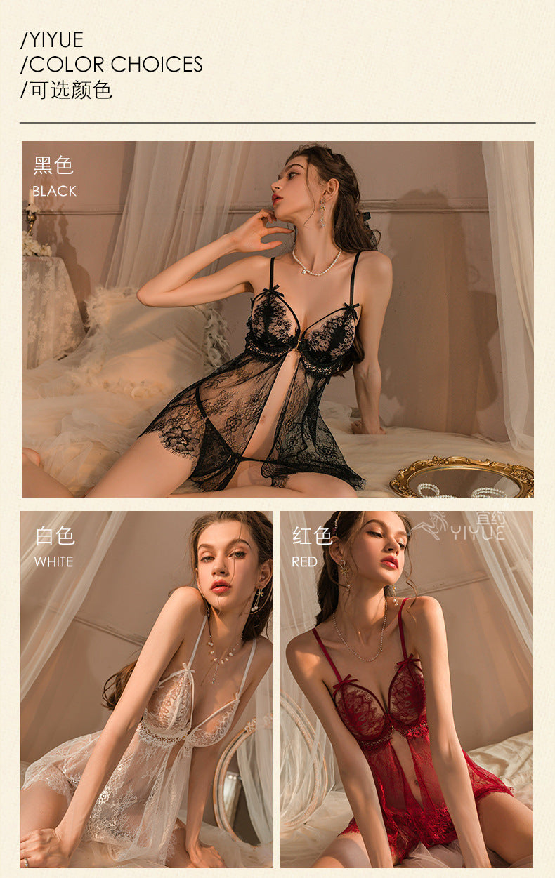 Yiyue Sexy Lingerie Sexy Strap Lace Temptation Underwire Push-Up Nightdress Hot See-Through Open Crotch Uniform8536