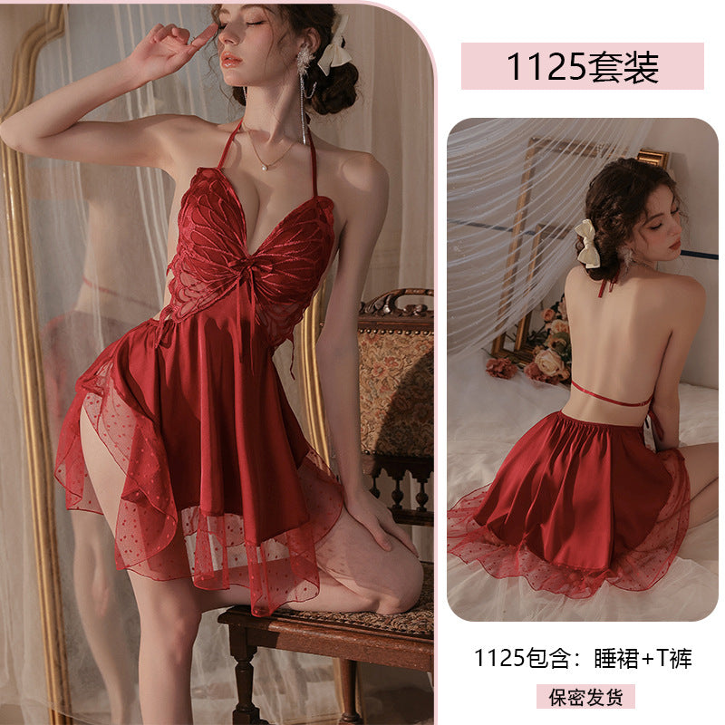 Yiyue Sexy Satin Nightdress Pure Desire Homewear with Chest Pads Bare Back Erotic Lingerie Uniform Pajama Set1125