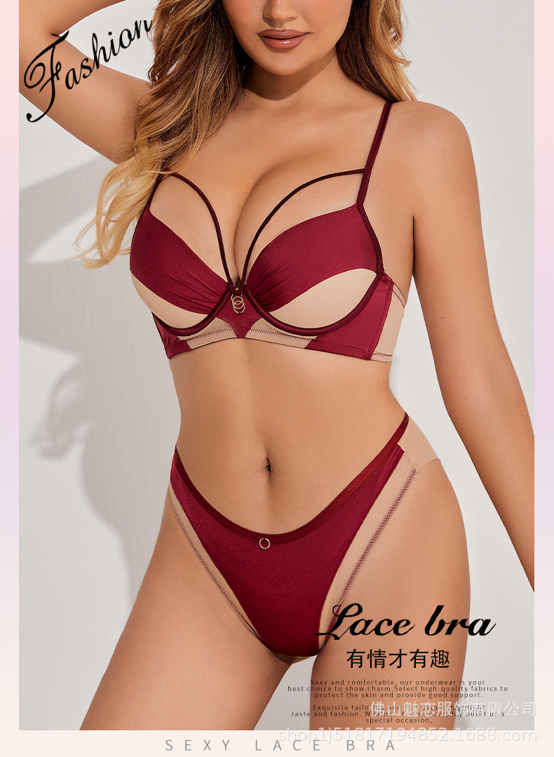 Amazon Cross-Border Sexy Lingerie Women's Satin Hollow Out Strap Small Chest Enhancing Push-Up Anti-Sagging Bra Set