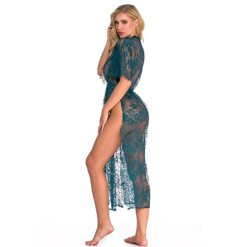 European and American Foreign Trade Women's Sexy Lingerie Long Lace Dress V Collared Three-quarter Sleeve Sexy Nightgown AliExpress Source Robe