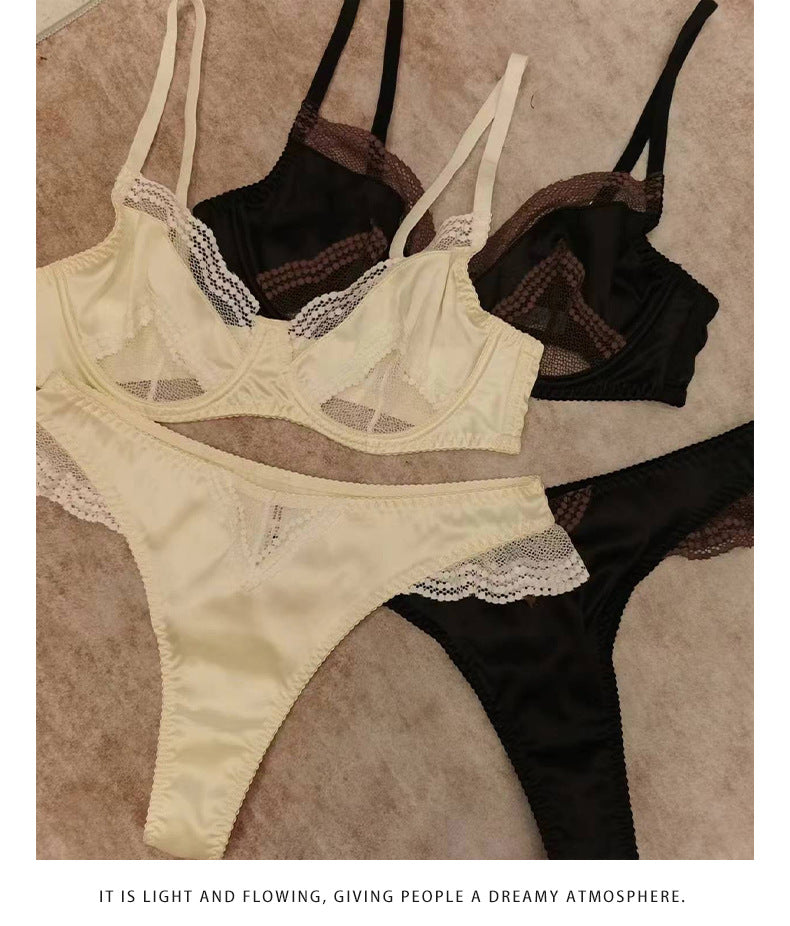European and American Cross-Border Sexy French Lingerie Women Satin Lace Bra Large Bust Minimizer Anti-Sagging Lingerie Set