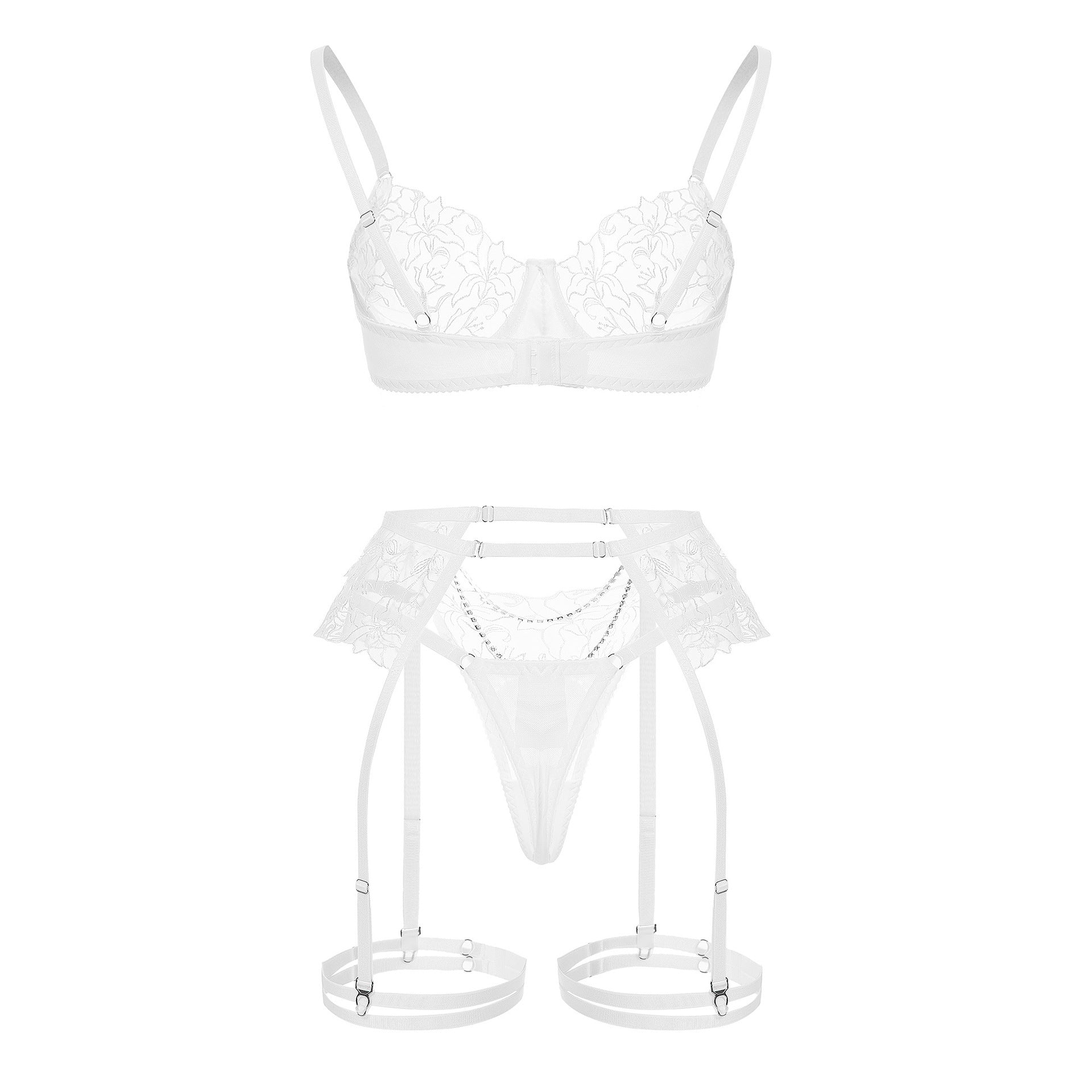 Cross-Border Amazon Hot-Selling Metal Chain Flower Embroidery Mesh Lingerie Transparent Sexy Lingerie Four-Piece Set