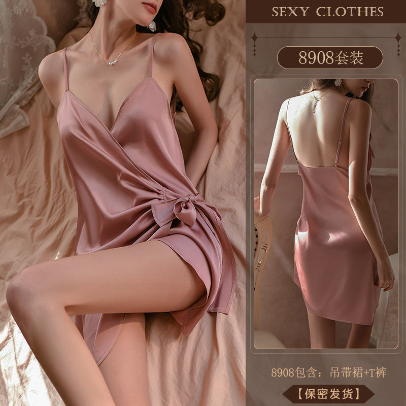 Yiyue Sexy Lingerie Pure Desire Ice Silk Satin Deep V Strappy Nightdress Hot Uniform Temptation Pajamas8908