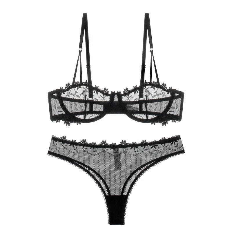 Cross-Border European and American Style French Lace Sexy Lingerie Ultra-Thin See-Through Half-Cup Embroidery Big Chest Minimizer Sexy Lingerie Set