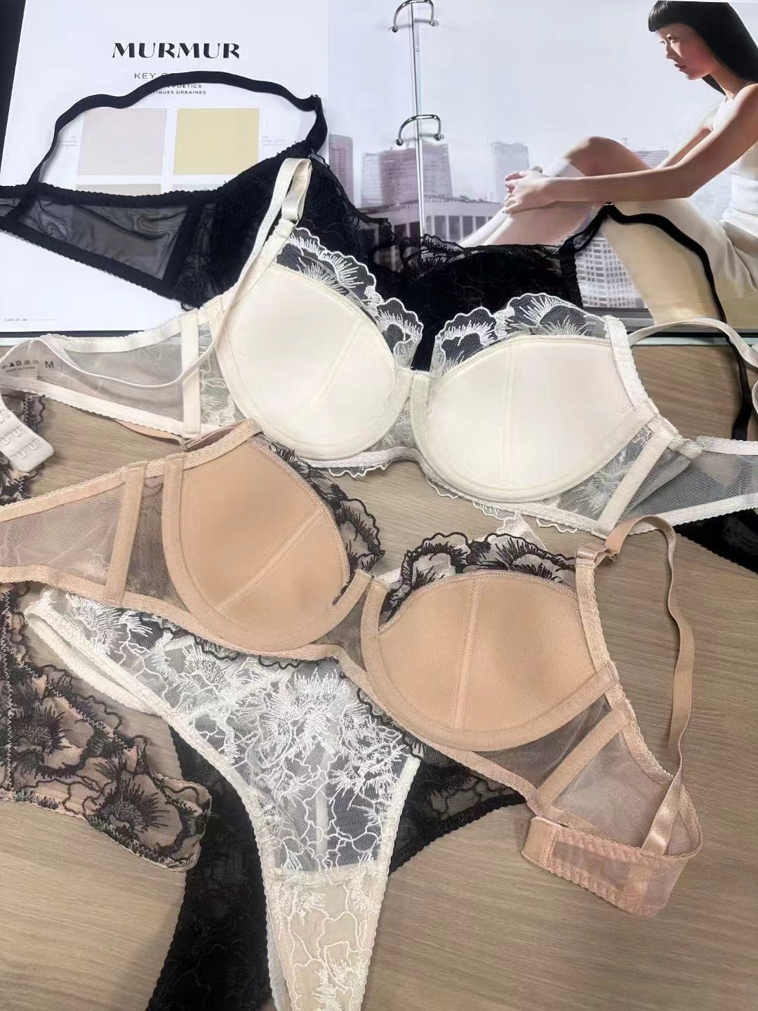 European and American Cross-Border New Sexy Lingerie Thin Jacquard Embroidery Lace Bra Large Bust Minimizer Plus Size French Lingerie