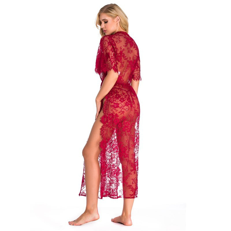 European and American Foreign Trade Women's Sexy Lingerie Long Lace Dress V Collared Three-quarter Sleeve Sexy Nightgown AliExpress Source Robe