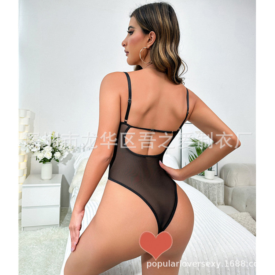 Cross-border New Mesh See-through Sexy Hollow Out Erotic Bodysuit Satin Patchwork Deep V Lightweight Underwear with Underwire