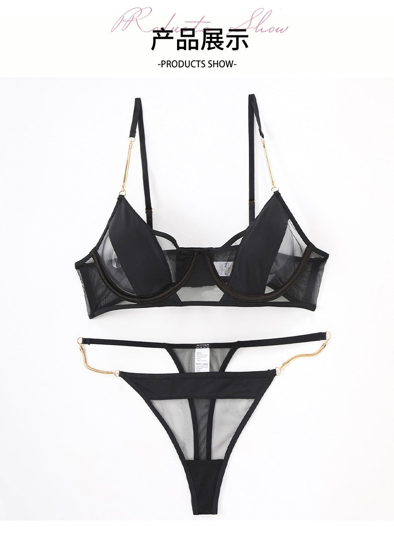 Cross-Border Sexy Lingerie Thin See-Through Mesh French Style Bra Large Bust Minimizer Plus Size Bra and Thong Set