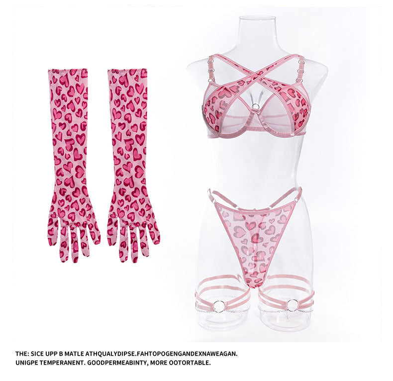 Cross-Border Foreign Trade Hot-Selling Sexy Mesh Leopard Print Metal Chain Lingerie Set with Gloves and Leg Rings Four-Piece Set