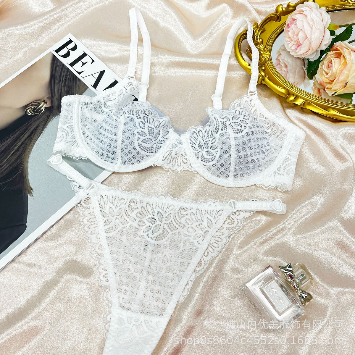 Cross-Border European and American Style French Lingerie Sexy Ultra-Thin Plaid Lace Bra Large Bust Minimizer Sexy Lingerie Set