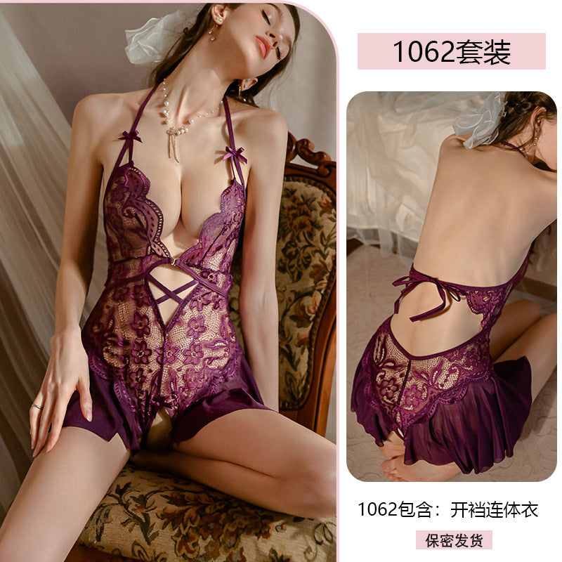 Yiyue Sexy Lingerie Lace Halter Temptation Bodysuit Women Open Crotch Uniform No-Remove Pajama Set1062