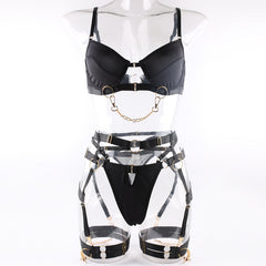 European and American Cross-Border Hot-Selling Sexy Lingerie Big Chest Minimizer Tie-Up Metal Punk Style Erotic Lingerie Women's Four-Piece Set