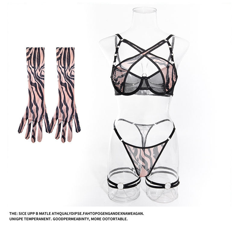 Cross-Border Foreign Trade Hot-Selling Sexy Mesh Leopard Print Metal Chain Lingerie Set with Gloves and Leg Rings Four-Piece Set