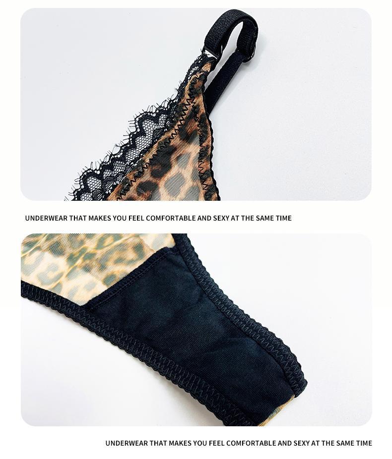 Cross-Border European and American Style Sexy Lingerie for Women Lace Leopard Mesh See-Through Large Bust Minimizer Push-Up Bra Set