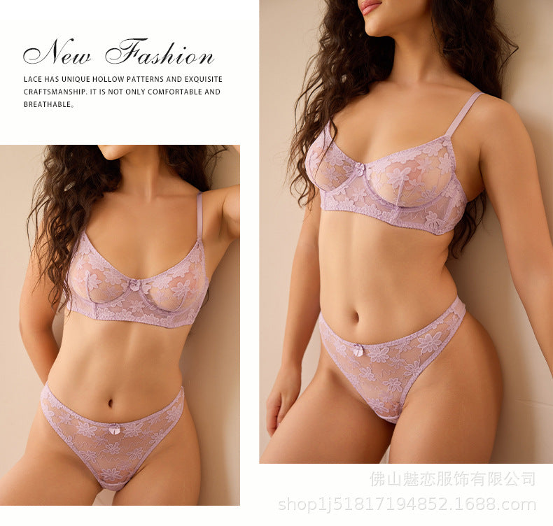 Cross-Border European and American Style French Lingerie Sexy Lace Ultra-Thin Mesh Embroidered Large Bust Minimizer Anti-Sagging Bra Set