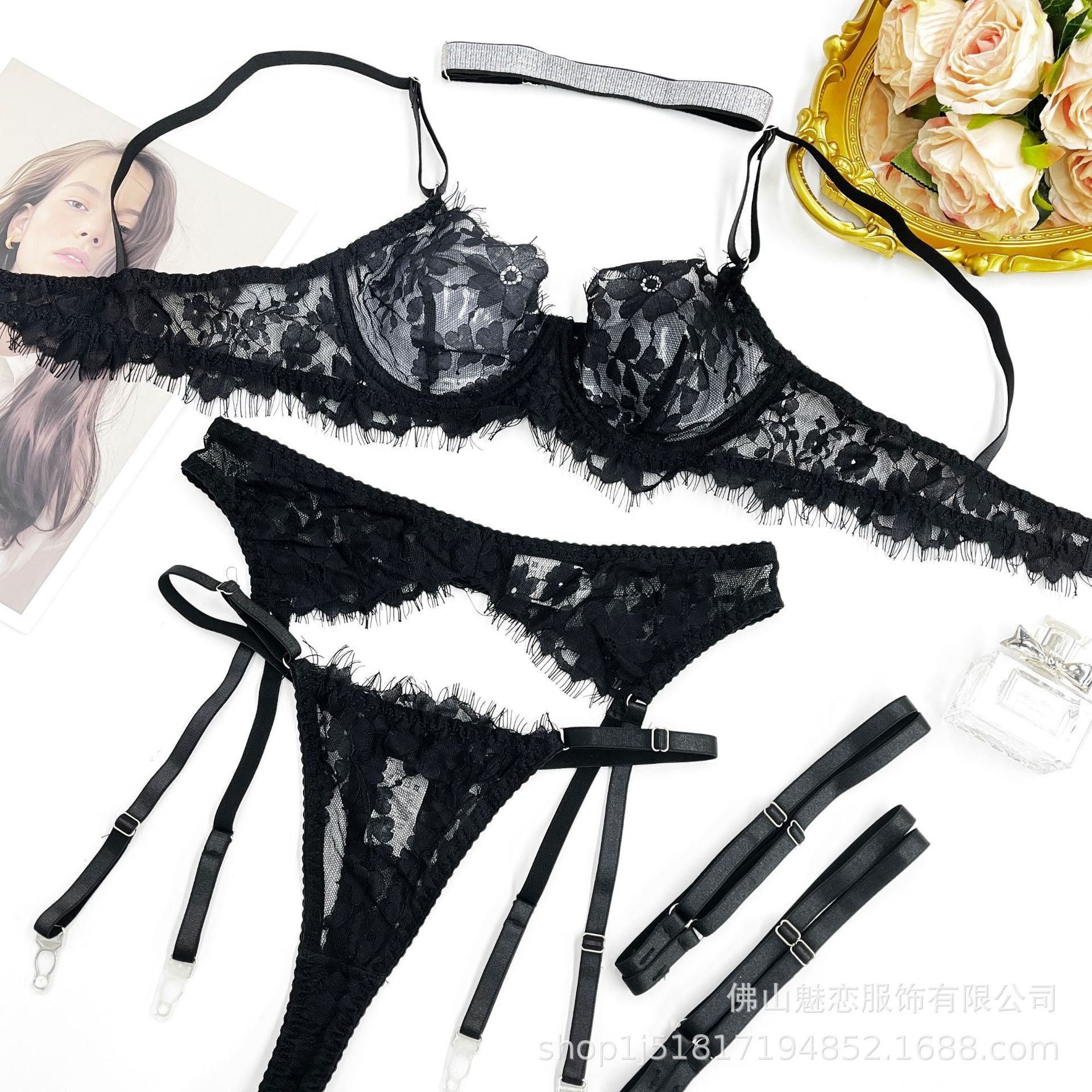 Amazon European and American French Style Sexy Lingerie Women's Ultra-Thin Embroidered Lace See-Through Temptation Thong Five-Piece Set