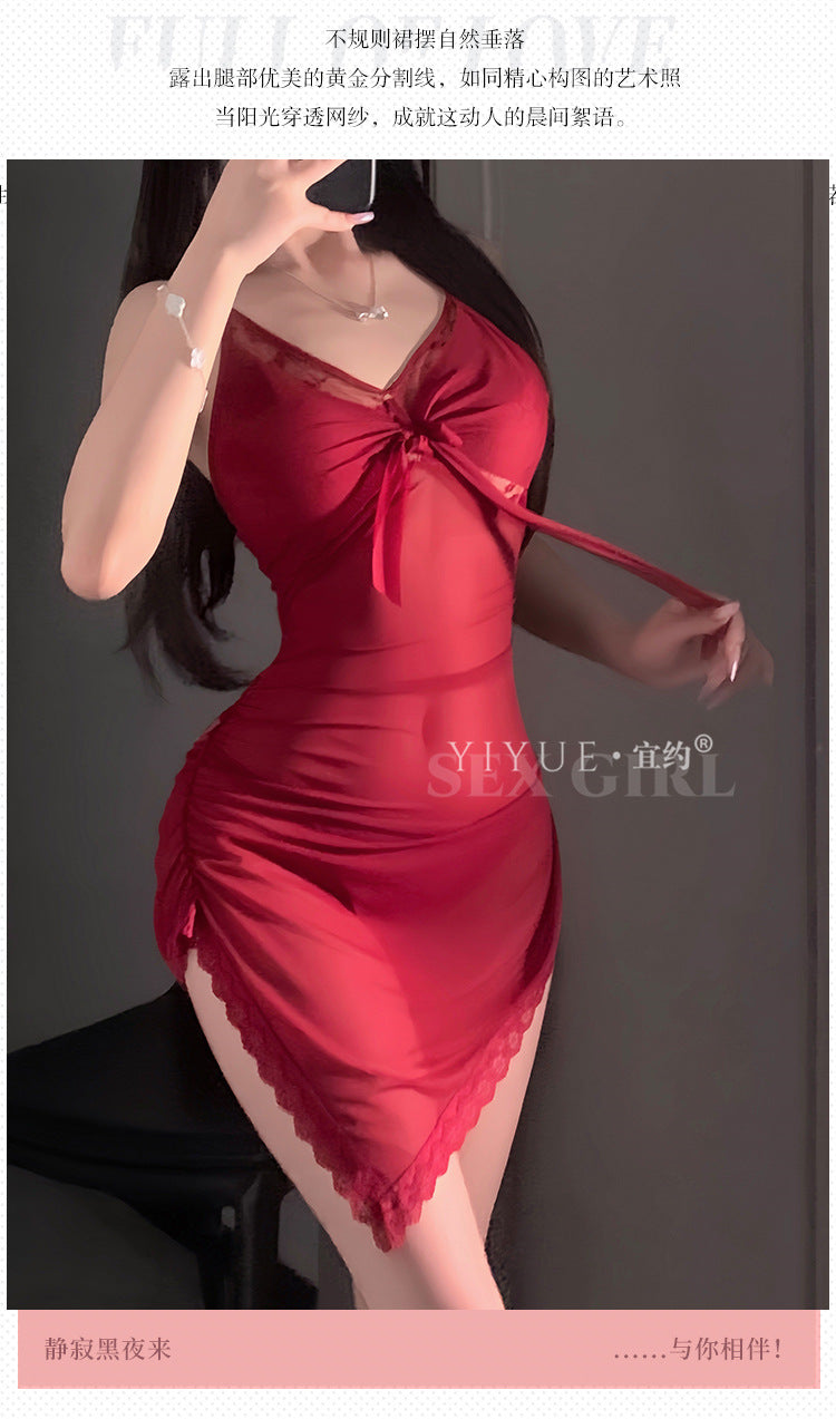Yiyue Sexy Lingerie Lace Temptation Nightdress Pure Desire Mesh Lace-Up Slim Fit Bodycon No-Remove Sleepwear1236
