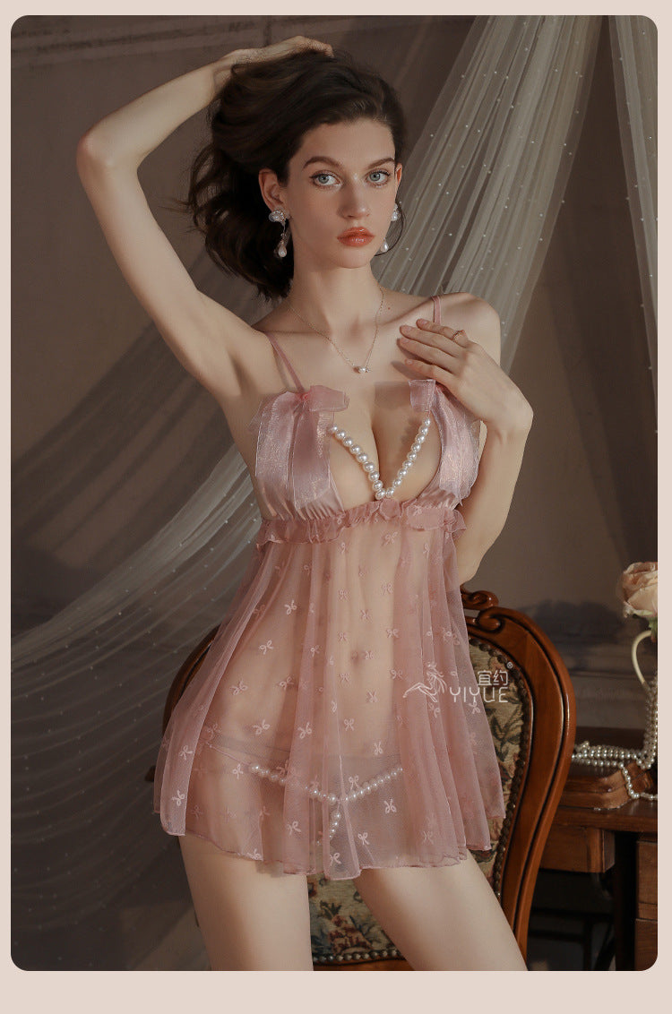 Yiyue Sexy Strap Nightdress Pearl Crotchless Transparent Temptation Sexy No-Remove Lingerie Bed Flirting Sleepwear1004