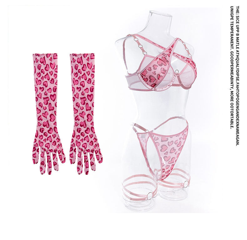 Cross-Border Foreign Trade Hot-Selling Sexy Mesh Leopard Print Metal Chain Lingerie Set with Gloves and Leg Rings Four-Piece Set