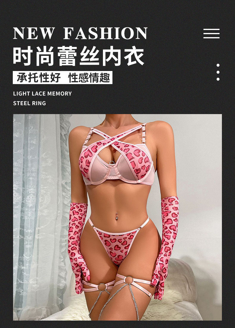 Cross-Border Foreign Trade Hot-Selling Sexy Mesh Leopard Print Metal Chain Lingerie Set with Gloves and Leg Rings Four-Piece Set