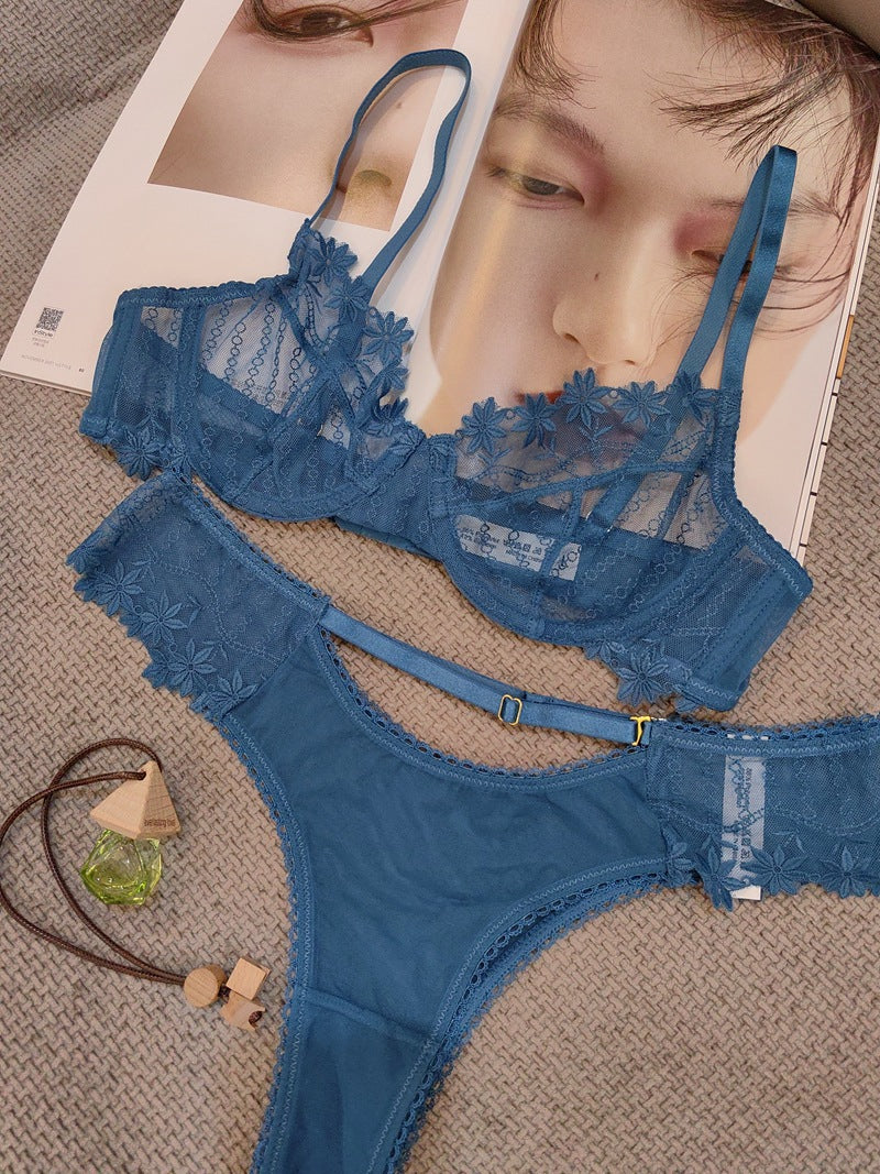 Cross-Border French Style Sexy Lingerie Ultra-Thin Mesh Embroidered Lace Bra Large Bust Minimizer Anti-Sagging Summer Underwear