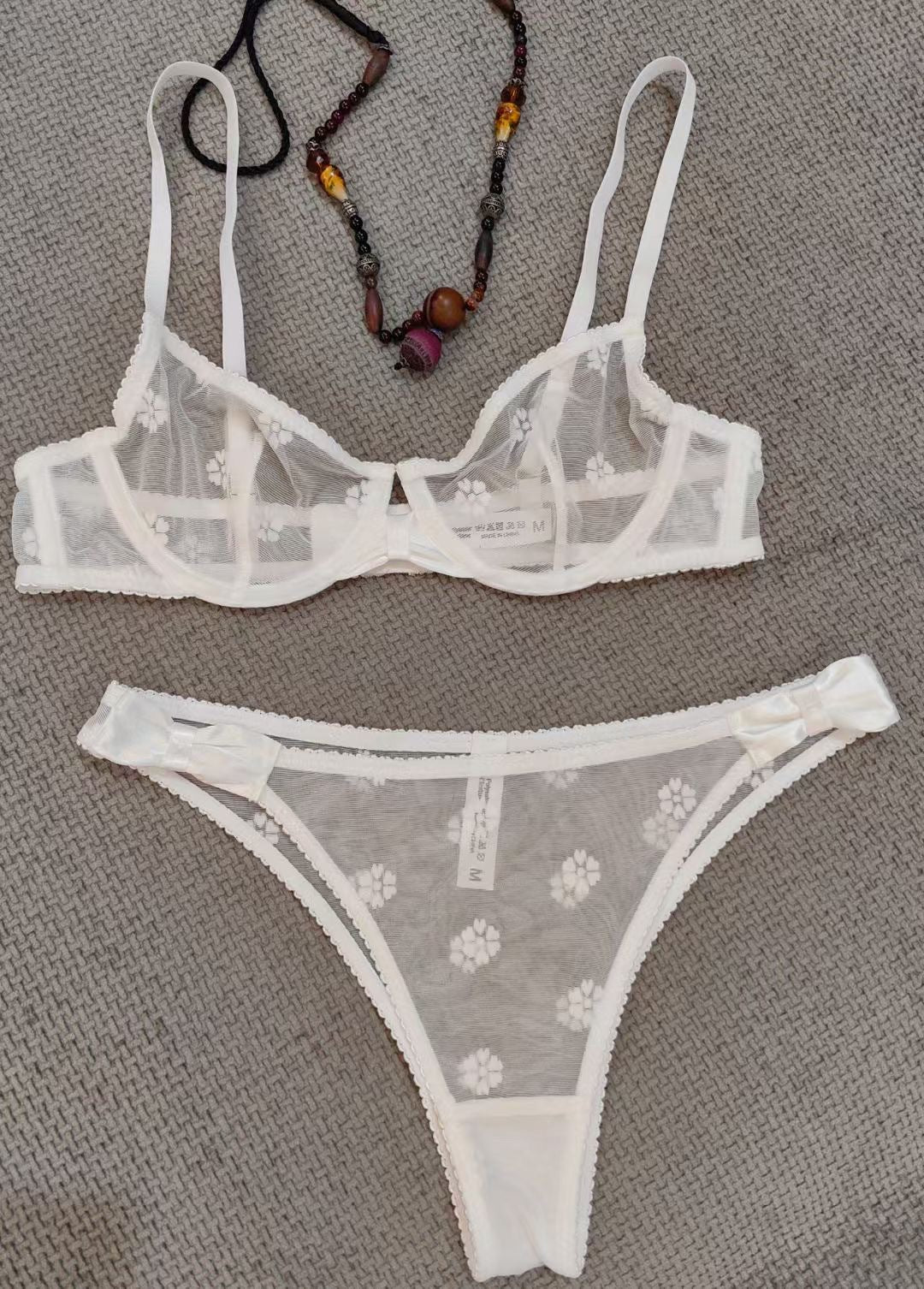 Cross-Border Hot-Selling Sexy Lingerie Summer Thin Large Bust Minimizing Sheer Flocked Embroidery Erotic Lingerie Women Two-Piece Set
