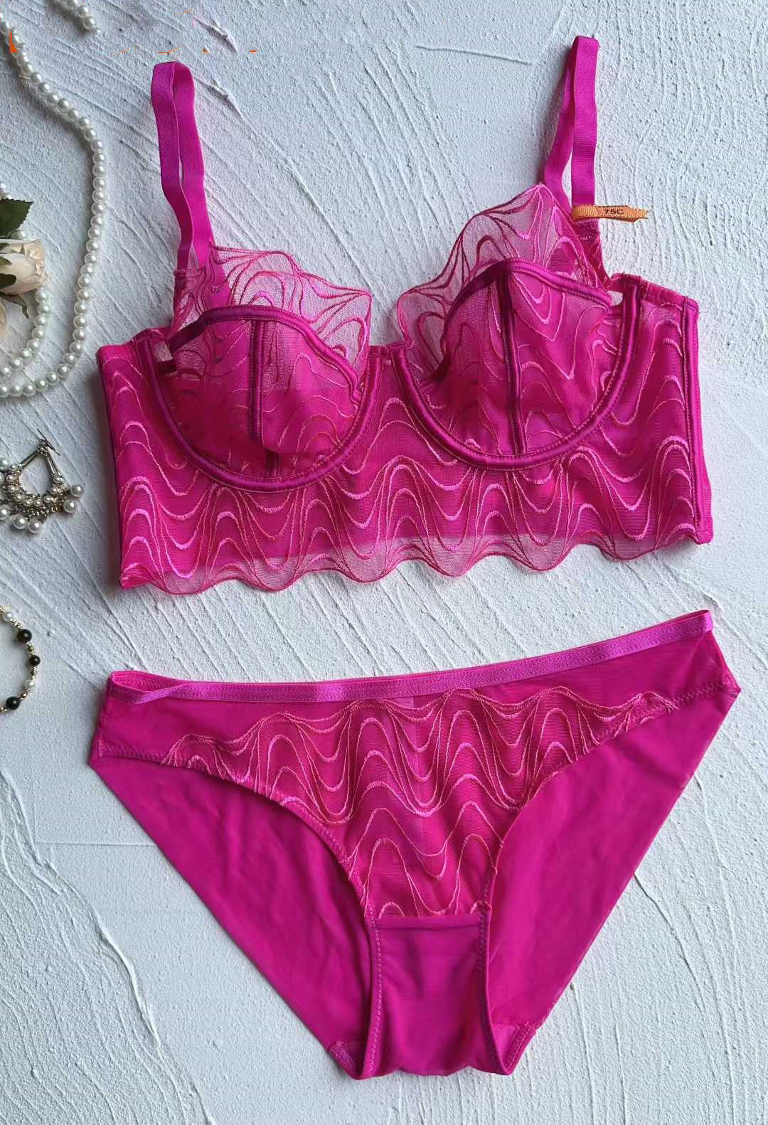 Cross-Border Plus Size Lace Lingerie French Style Pure Desire Sexy Mesh Ultra-Thin Large Bust Minimizer Bra Set Sexy Bra
