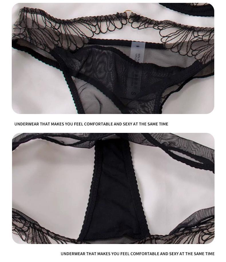 European and American French Style Sexy Lingerie for Women, Ultra-Thin Sheer Mesh, Large Bust Minimizer, Anti-Sagging Lace Bra Set