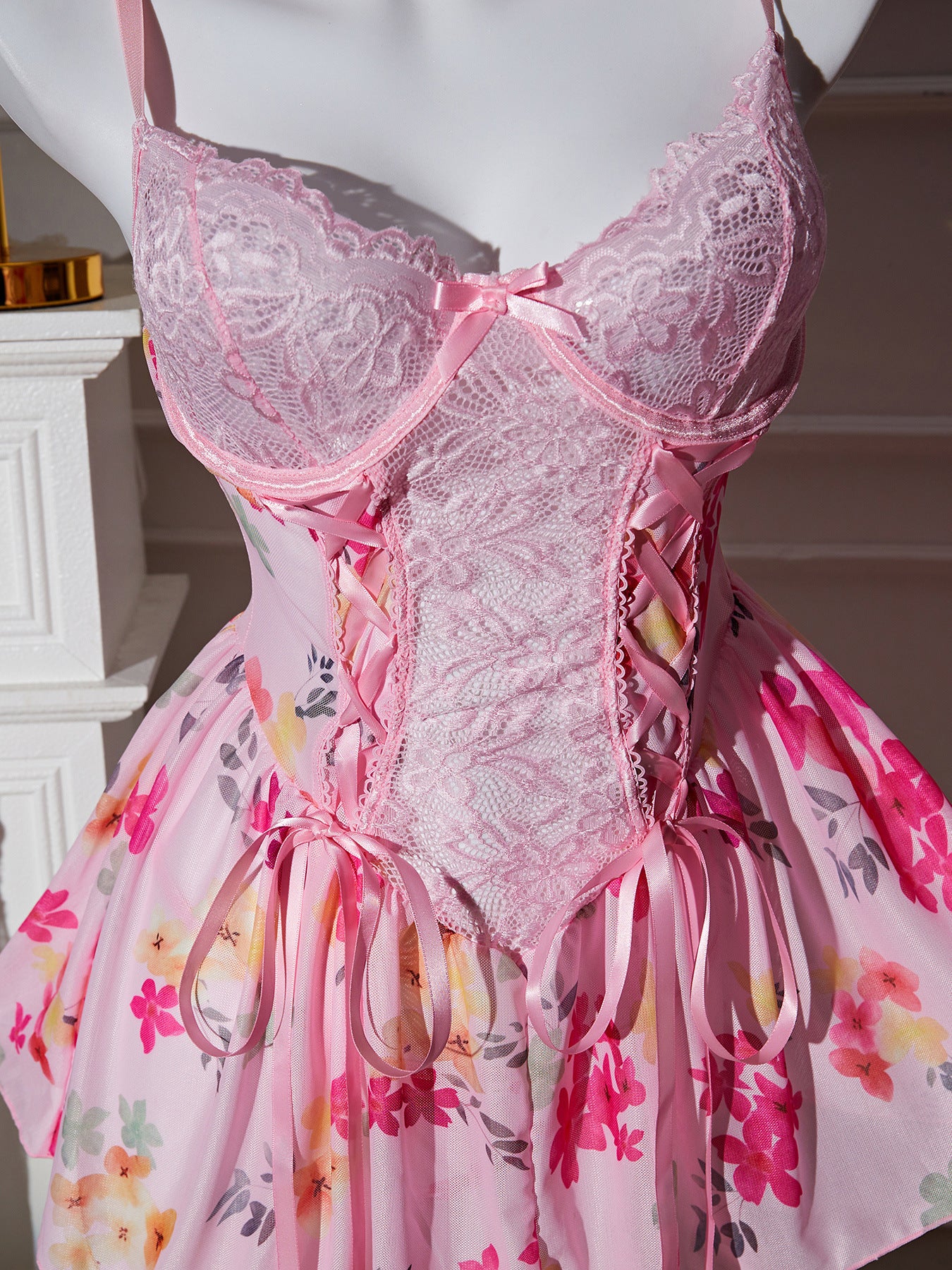 Amazon Cross-Border Sexy Lingerie Lace See-Through Temptation Hollow Floral Nightdress Sweet Girl Pajamas