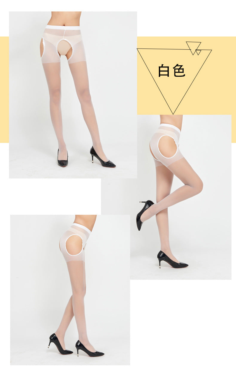 Sexy Core-Spun Silk Four-Cut Hollow Lace Erotic Stockings Four-Sided Crotch-Free Temptation Base Pantyhose7504