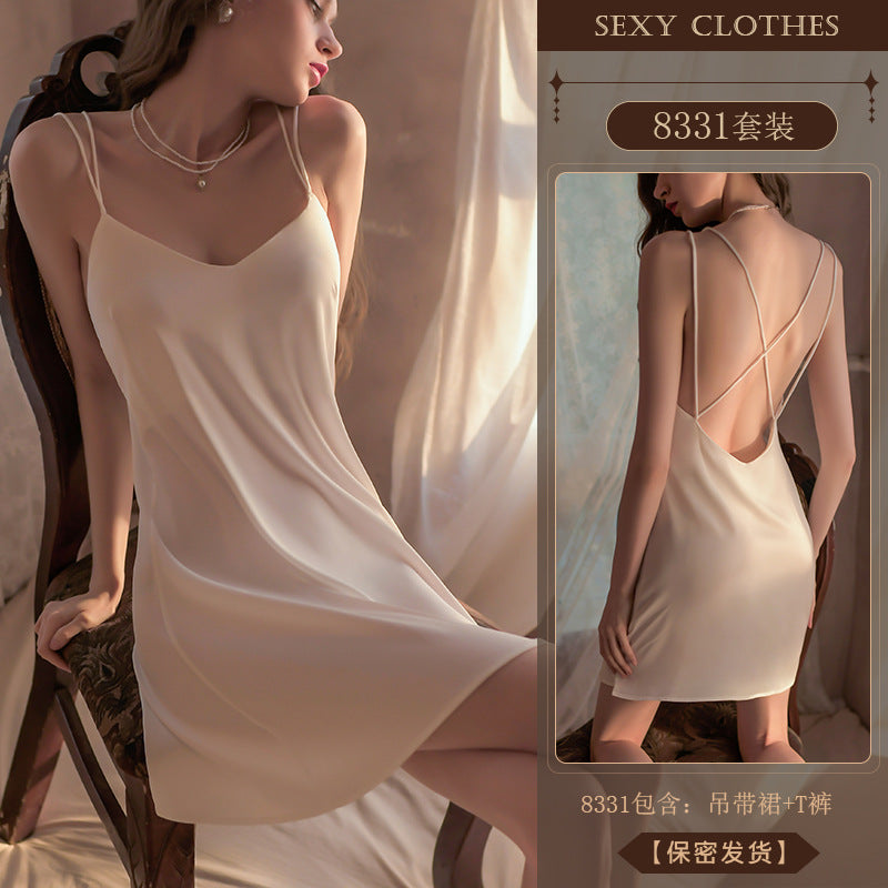Yiyue Sexy Lingerie Sexy Ice Silk Strap Hollow Nightdress for Women Hot Passion Temptation Sleepwear Homewear8331