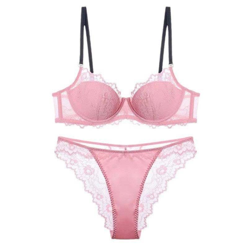 European and American Russian Hot-Selling Sexy Lingerie Lace Small Chest Enhancing Anti-Sagging Embroidered Color-Block Push-Up Bra Set