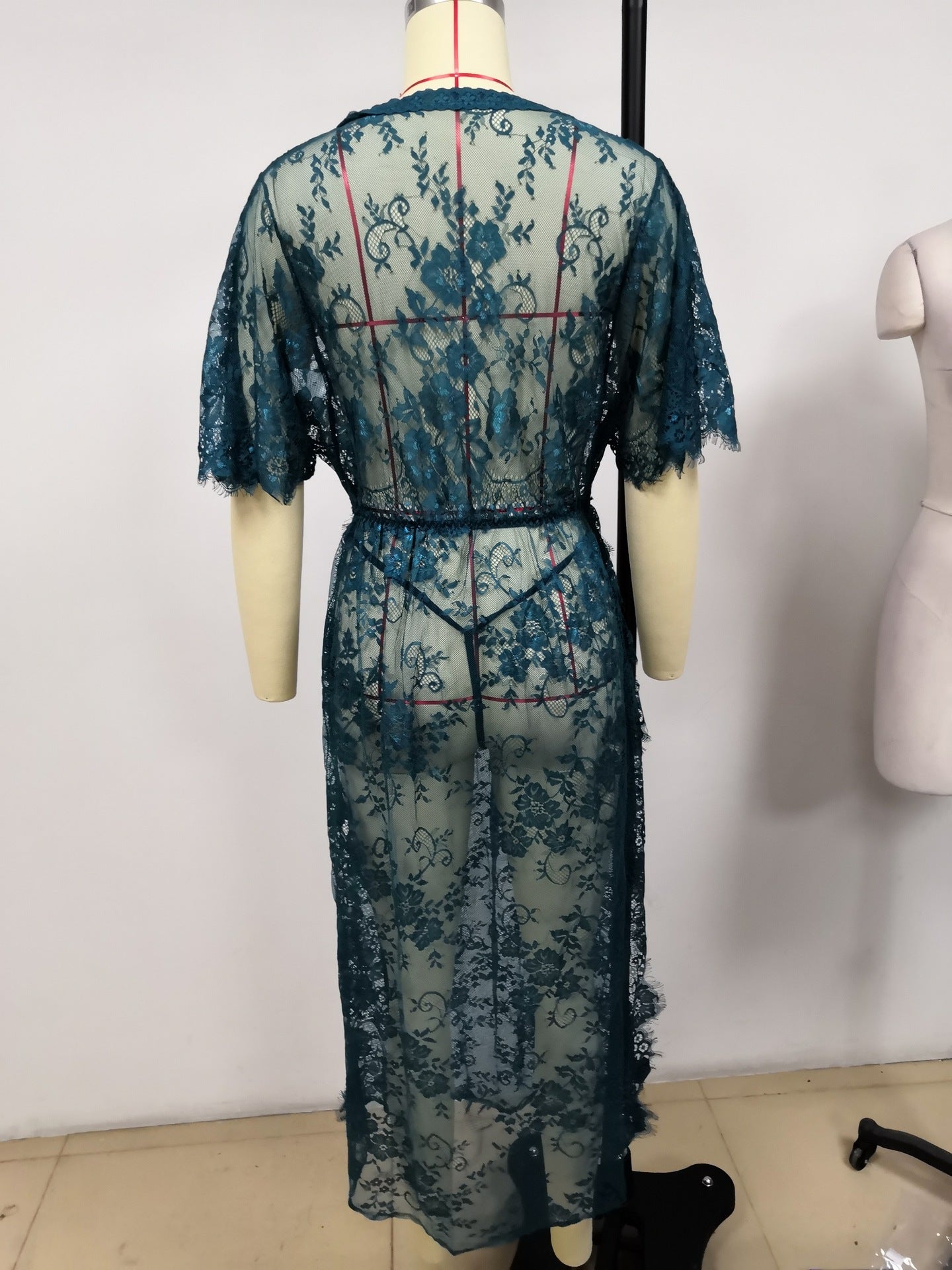 European and American Foreign Trade Women's Sexy Lingerie Long Lace Dress V Collared Three-quarter Sleeve Sexy Nightgown AliExpress Source Robe