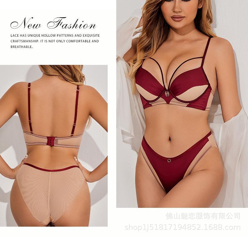 Amazon Cross-Border Sexy Lingerie Women's Satin Hollow Out Strap Small Chest Enhancing Push-Up Anti-Sagging Bra Set